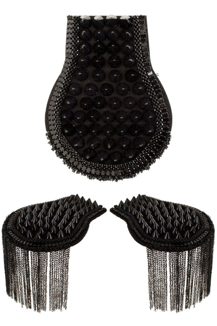 Epauletten met spikes zwart, set van twee schouderstukken met zwarte studs en franje van kettinkjes