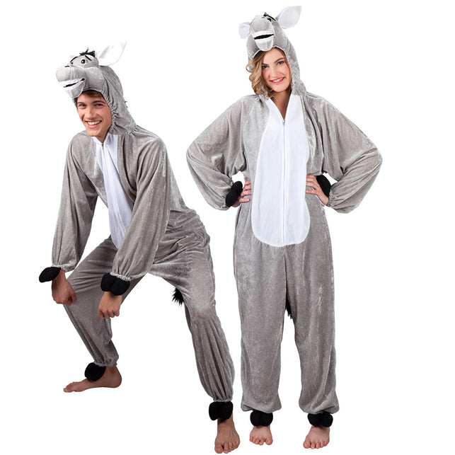 Ezel onesie gedragen door twee personen, grijs met witte buikpartij en rits