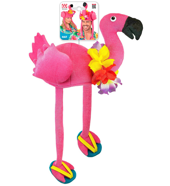 Flamingo hoed hawaii zijaanzicht met opgevulde vleugels en verpakkingskaart