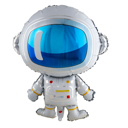 Folieballon astronaut wit met blauw vizier en bedrukt bedieningspaneel voor een ruimtefeest