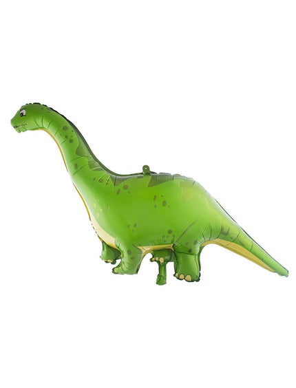 Folieballon dinosaurus groen met grijze vlekken en gele buik, langnekdino van 129 cm voor een dinofeest