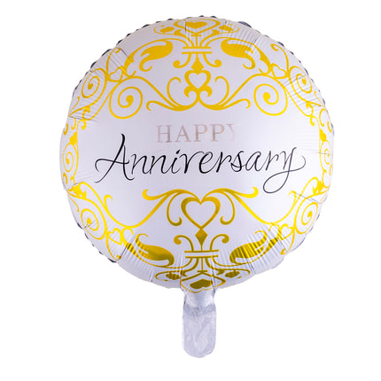 Folieballon Happy Anniversary rond wit met gouden krullen en zwarte sierletters voor een jubileum