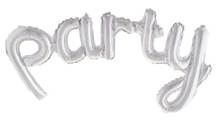 Folieballon party zilver, letterballon met het woord party in schuinschrift van 113 x 46 cm