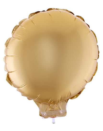 Folieballon rond goud van 28 x 28 cm met doorzichtig stokje en houder als feesttafeldecoratie