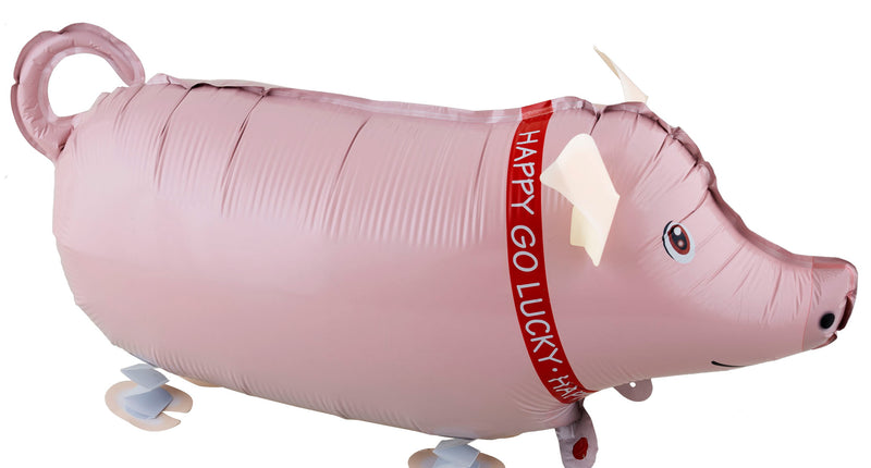 Folieballon wandelend varken in roze folie met rood lint, vier pootjes en gekrulde staart