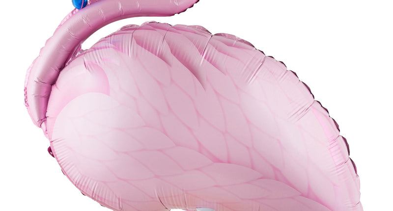 Folieballon wandelende flamingo in roze folie met oranje snavel, blauwe veerpluim en geel voetje