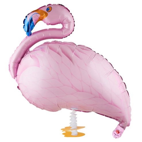 Folieballon wandelende flamingo in roze folie met oranje snavel, blauwe veerpluim en geel voetje