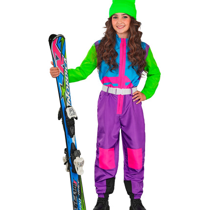 Fout ski pak snowboarder kinderen met roze ritsbies en witte riem, gedragen door een meisje