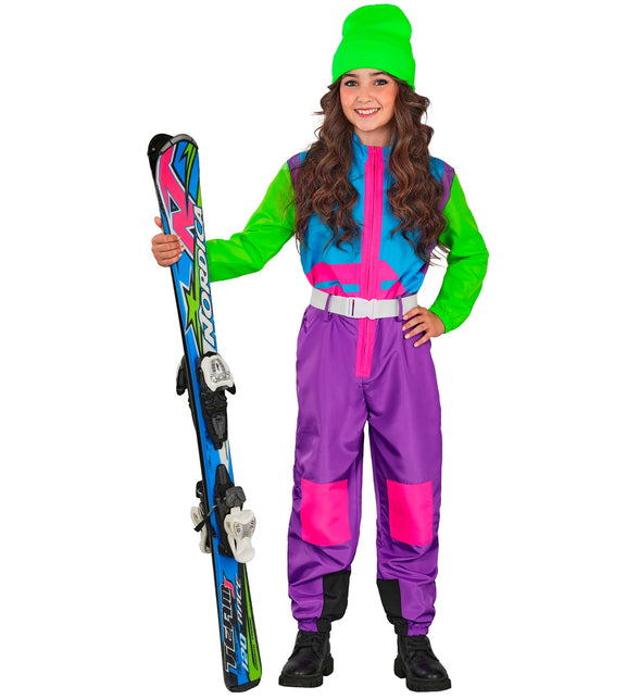 Fout ski pak snowboarder kinderen met roze ritsbies en witte riem, gedragen door een meisje