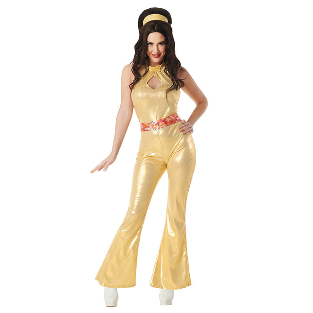 Funky queen jumpsuit dames zonder gilet, halternek met druppelvormige opening en ringgesp op de riem