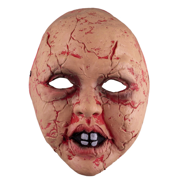 Masker demonenpop van latex, huidkleurig met rode barsten en vier tandjes, voor Halloween