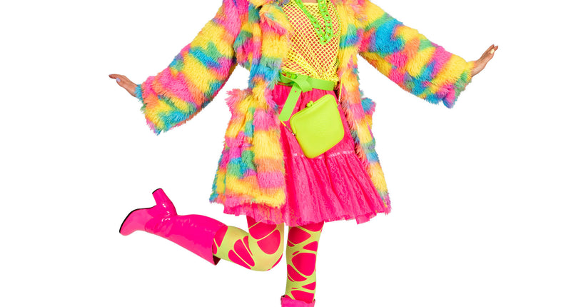 Fuzzy nep bontjas Nina in regenboogkleuren, halflange nepvacht met brede revers, voor carnaval