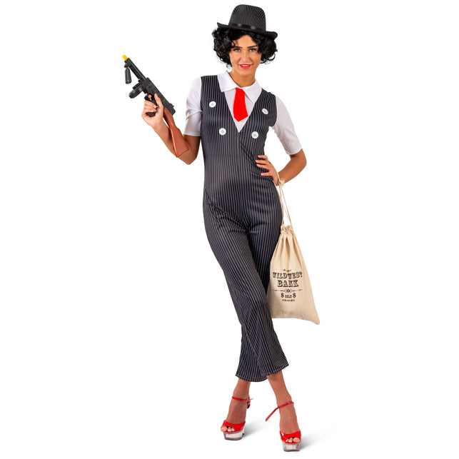 Gangster jumpsuit dames met witte sierknopen op het voorpand, gedragen op een maffiafeest