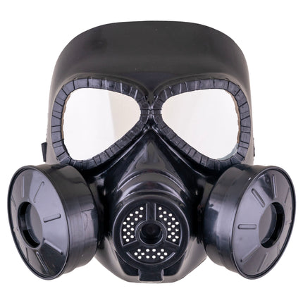 Gasmasker zwart van pvc met twee filterbussen en heldere kijkvensters voor Halloween