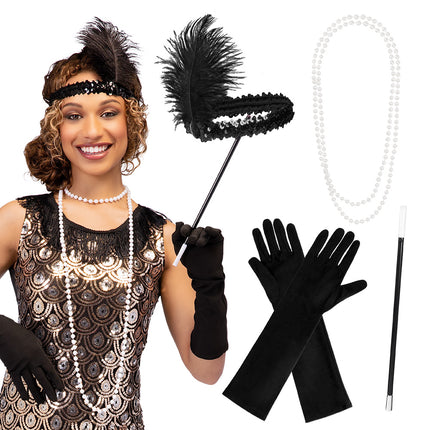 Gatsby set in zwart met verenhoofdband, witte parelketting, lange handschoenen en sigarethouder voor een jaren 20-feest