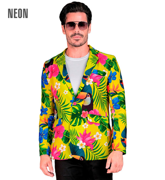 Geel toekancolbert heren met twee roze knopen en borstzakje, neonprint voor een neon party