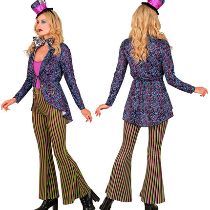 Gekke Hatter kostuum dames achterkant met krulprint en getailleerde taille