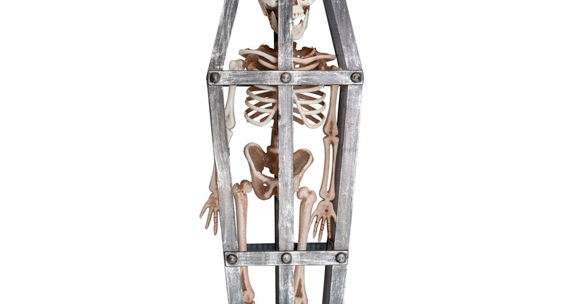 Gekooid skelet van 50 cm in een zilvergrijze kistvormige kooi aan een ketting, halloweendecoratie