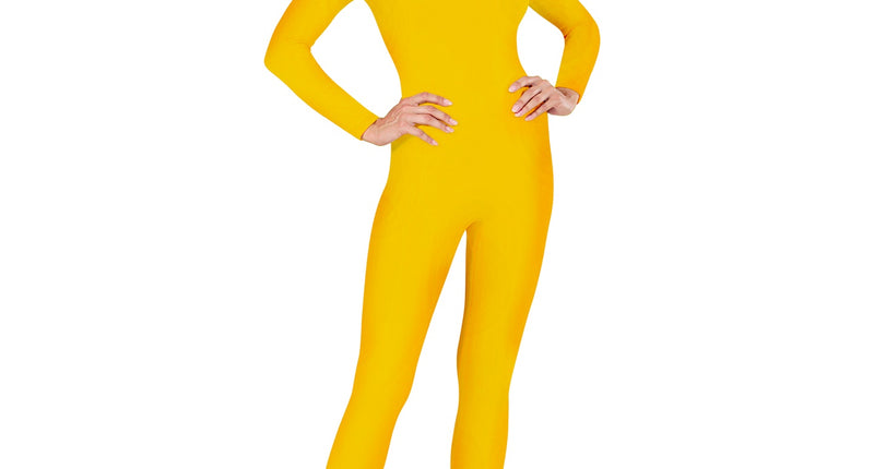 Gele body lang voor dames met lange mouwen en ronde hals, vooraanzicht voor carnaval