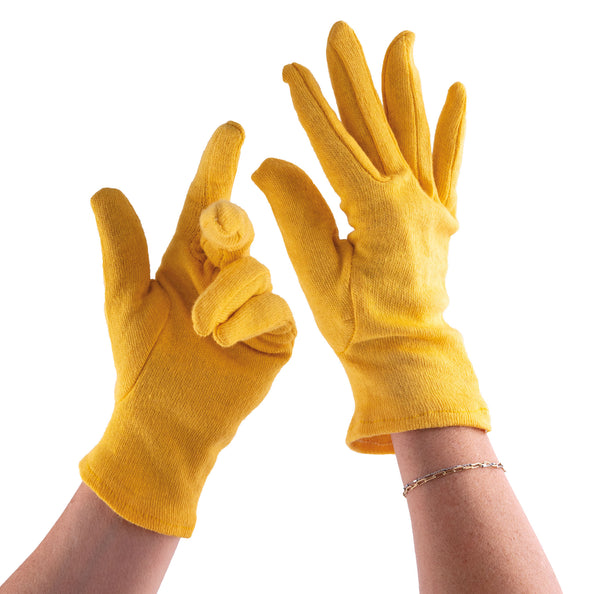 Gele handschoenen van katoen, gedragen paar met geribde boord aan de pols, voor carnaval