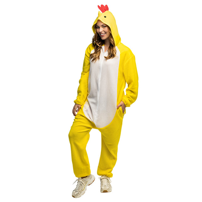 Gele kippen-onesie voor dames met witte rits en handen in de zakken