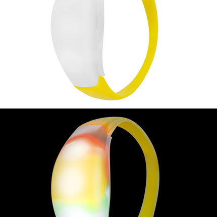 Gele led armband met elastieke band, lampjes lichten rood, geel en groen op