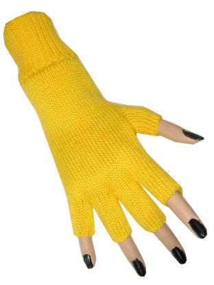 Gele vingerloze handschoenen, gebreid model met open vingertoppen en boord over de pols