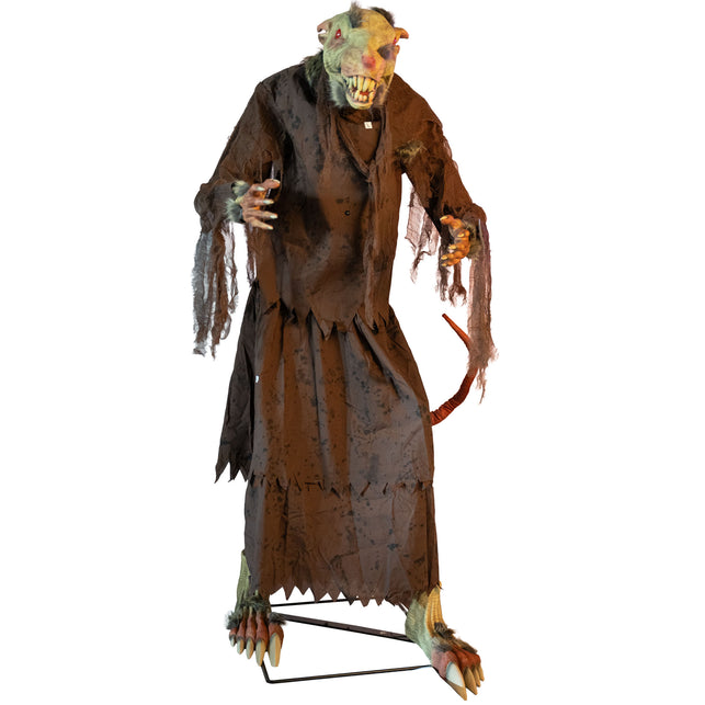Gemuteerde dode rat animatronic van 155 cm met bruin gerafeld gewaad en klauwen, halloweendecoratie