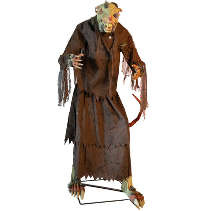 Gemuteerde dode rat animatronic van 155 cm met bruin gerafeld gewaad en klauwen, halloweendecoratie