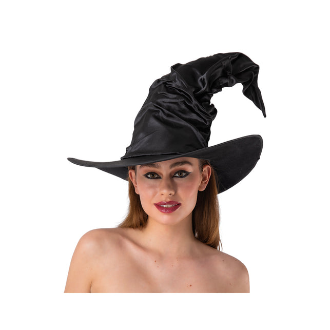 Gerimpelde heksenhoed Emmy in zwart met glanzende gedrapeerde bol en naar voren gebogen punt voor Halloween