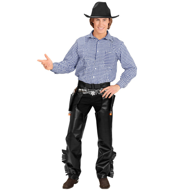 Geruit shirt Gustav blauw-wit met lange mouwen, gecombineerd met zwarte cowboyhoed