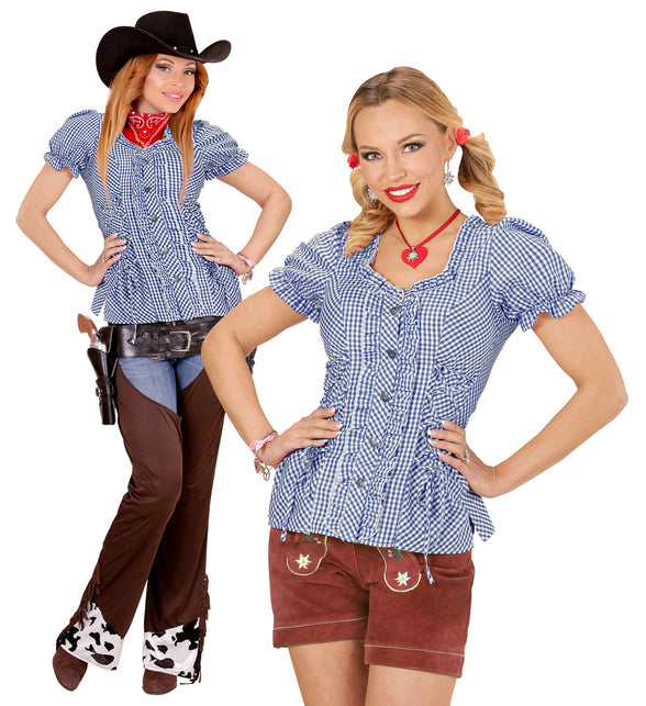 Geruite blouse Katja in blauw-wit, gedragen in een Beierse en een westernlook voor Oktoberfest
