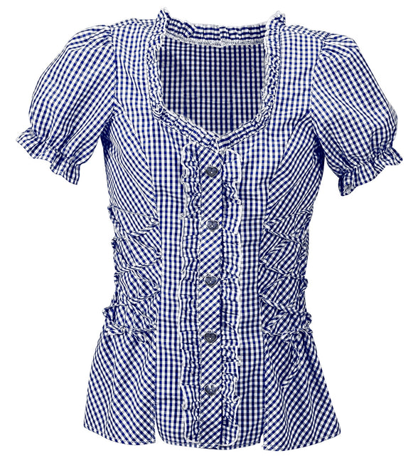 Geruite blouse Katja van dichtbij: fijn ruitdessin, ruches en hartvormige knopen