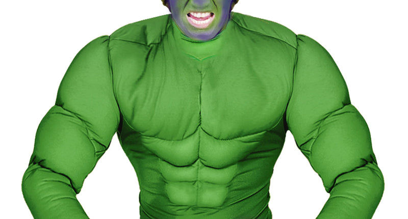 Gespierd shirt groen Hulk spierballen op model met groen geschminkt gezicht, voor Halloween