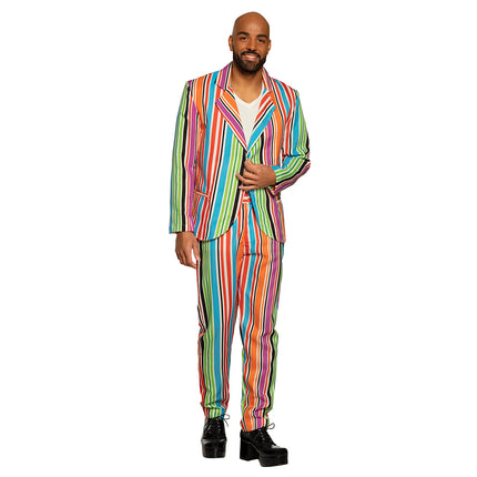 Gestreept herenkostuum Mr Groovy met kleurrijke verticale strepen op jasje en broek voor een discofeest
