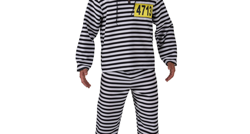 Gevangenispak heren met zwart-wit gestreept shirt, broek en platte hoed en geel nummerlabel 4713