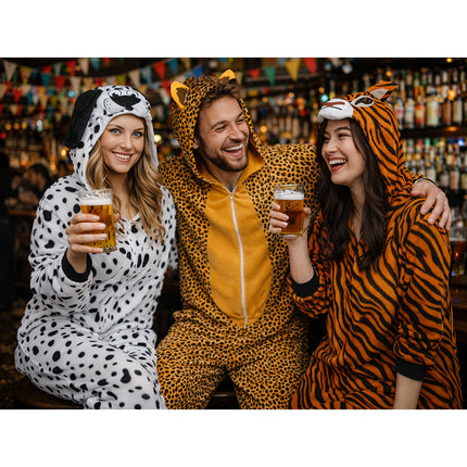 Gevlekte luipaardjumpsuit met capuchon, gedragen in een feestelijk versierd café tijdens carnaval