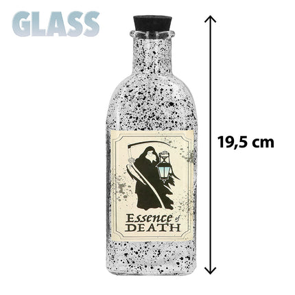 Glazen flesje Essence of death XL van 19,5 cm hoog met zwarte stop en magere Hein met zeis en lantaarn