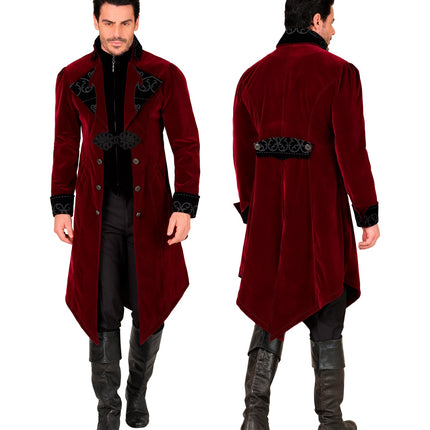 Gothic jas bordeaux heren gedragen op zwarte broek en laarzen, met zwart siergespje op de rug