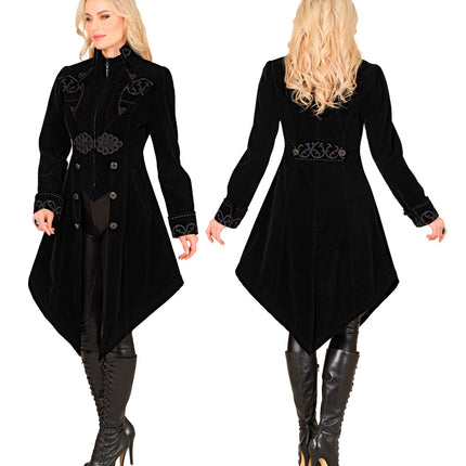 Gothic jas dame Vera gesloten met rits in de opstaande kraag en zilverkleurige sierknopen