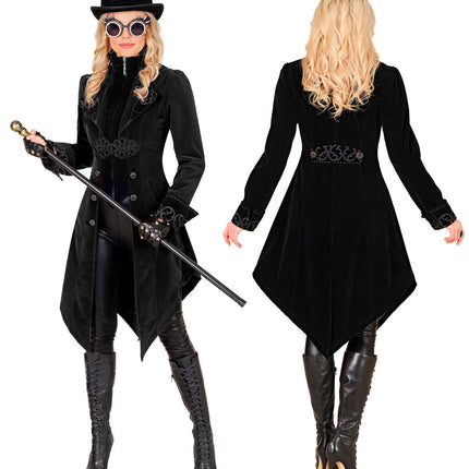 Gothic jas dame Vera getailleerd model met omslagmanchetten en lange puntige panden achter