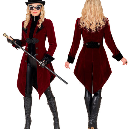 Gothic jas dames met zwarte omslagmanchetten en ornamentprint, gedragen met hoge hoed