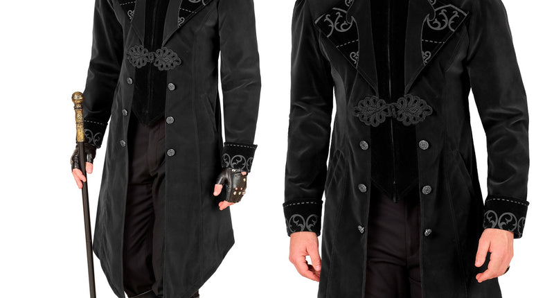 Gothic jas heren Julia in zwart fluweel met puntige pandenzoom en sierknopen, voor Halloween