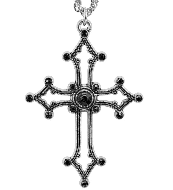 Gothic kruis ketting met zilverkleurige hanger en zwarte facetsteentjes, vooraanzicht