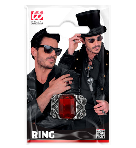 Gothic vampierring rood voor heren in verpakking met zilverkleurige ringkop