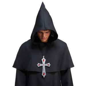 Gotisch kruis deluxe gedragen over een zwart gewaad met capuchon, voor Halloween