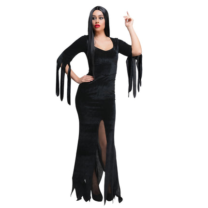 Gotische heksen jurk Goa met zwarte netpanty en pumps, gothic look voor een themafeest