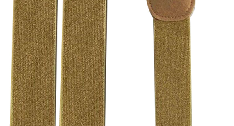 Gouden bretels met lurexglans, Y-model met drie zilverkleurige metalen clips en leerkleurige lus