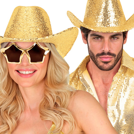Gouden cowboyhoed gedragen door dame en heer op een discofeest