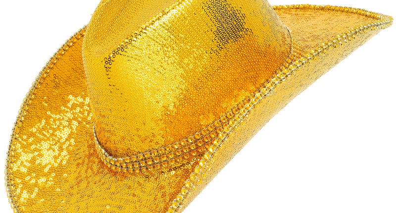 Gouden cowboyhoed met pailletten en strassrand, vooraanzicht van de brede gebogen rand